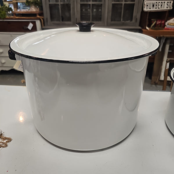 Large Vintage White Enamel Pot with Lid