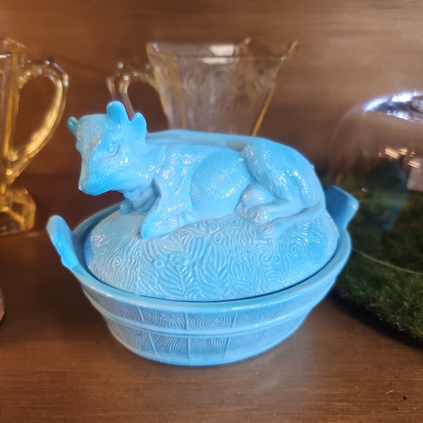 Vintage Blue Milk Glass Cow Dish with Lid