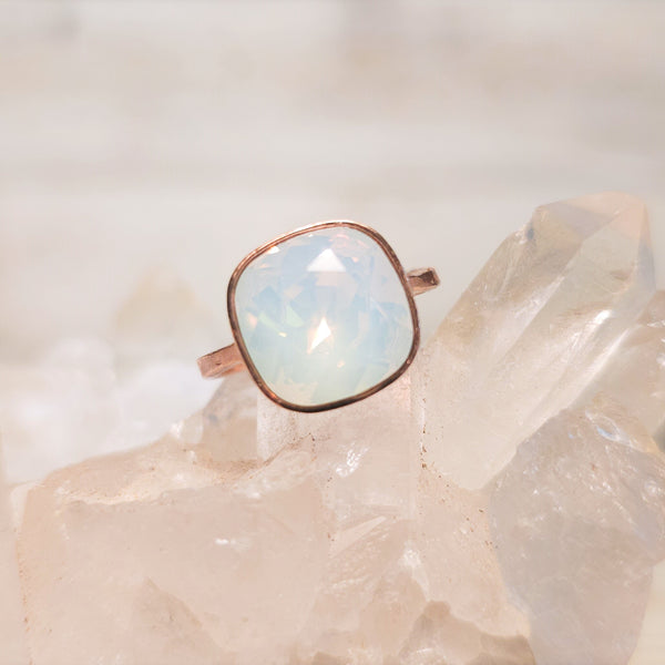 White Opal Cushion Cut Crystal Ring