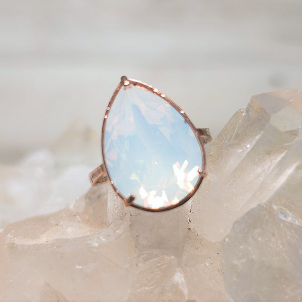 White Opal Pear Cut Crystal Ring