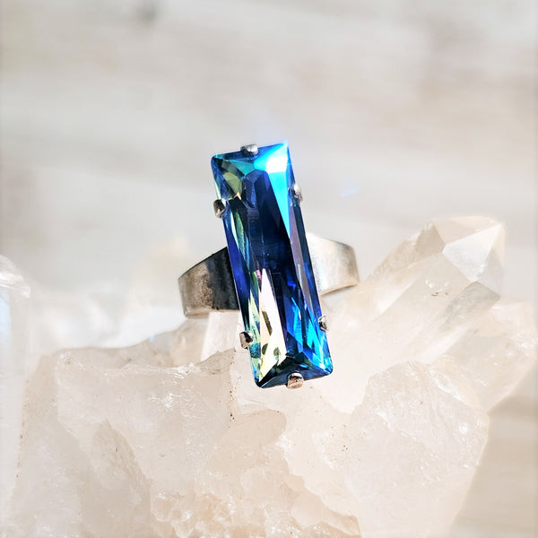 Aqua GB Vertical Baguette Cut Crystal Ring