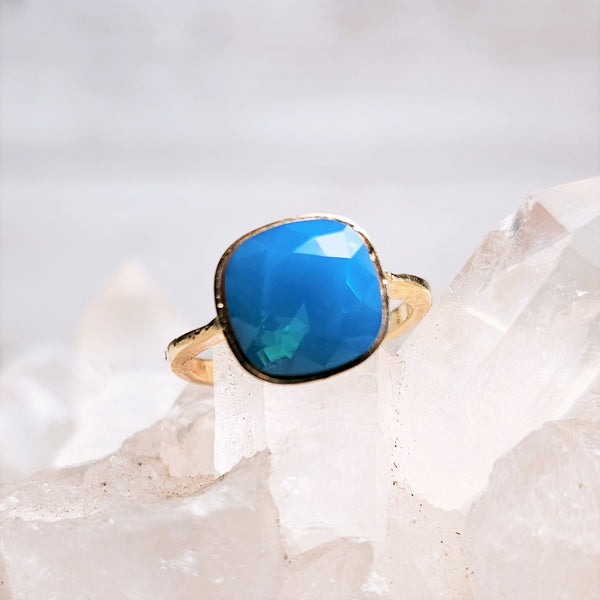 Caribbean Blue Opal Cushion Cut Crystal Ring