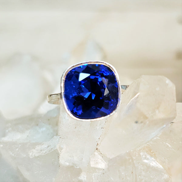 Majestic Blue Cushion Cut Crystal Ring