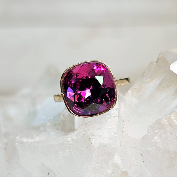 Fuchsia Champagne Cushion Cut Crystal Ring