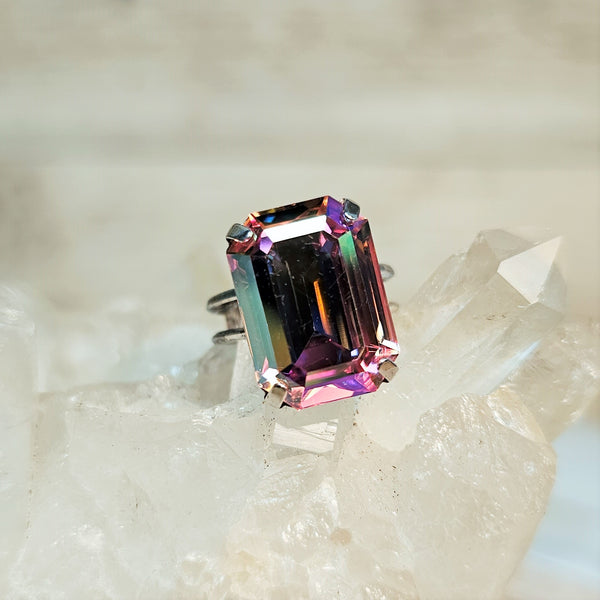 Rose AB Emerald Cut Crystal Ring
