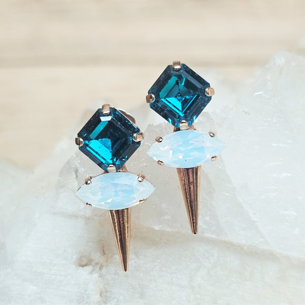 Blue Zircon & White Opal Two Stone Crystal Stud Earrings