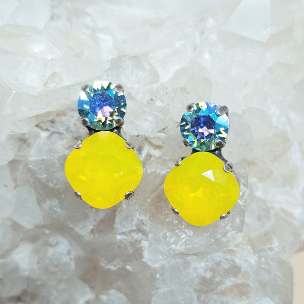 Aqua GB & Yellow Opal Two Stone Stud Earrings