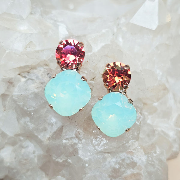 Indian Pink Champagne & Chrysolite Opal Two Stone Stud Earrings