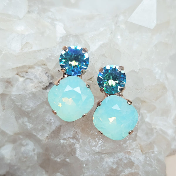 Lt. Turquoise GB & Chrysolite Opal Two Stone Stud Earrings