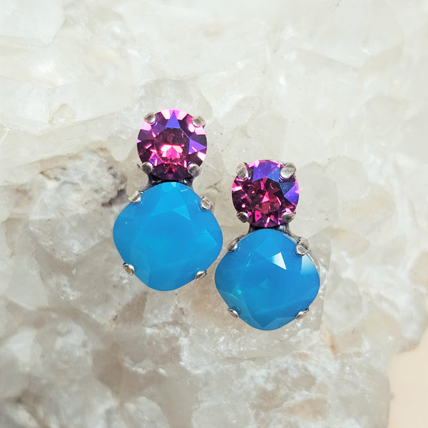 Fuchsia Blue GB & Caribbean Blue Opal Two Stone Stud Earrings