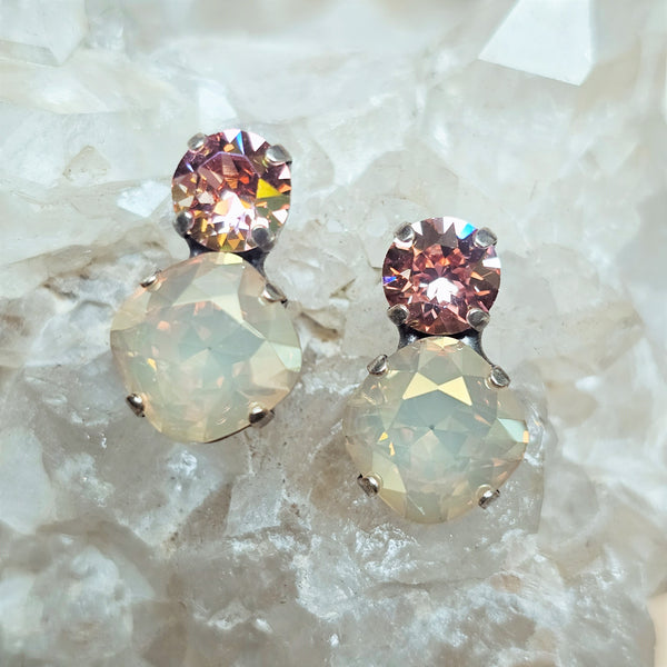 Rose Peach Champagne & Sand Opal Champagne Two Stone Stud Earrings