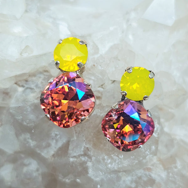 Yellow Opal & Rose Peach GB Two Stone Stud Earrings