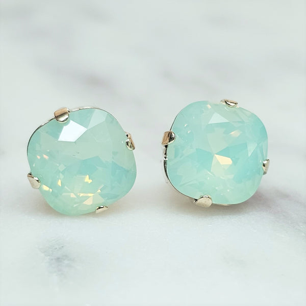 Chrysolite Opal Cushion Cut Crystal Stud Earrings