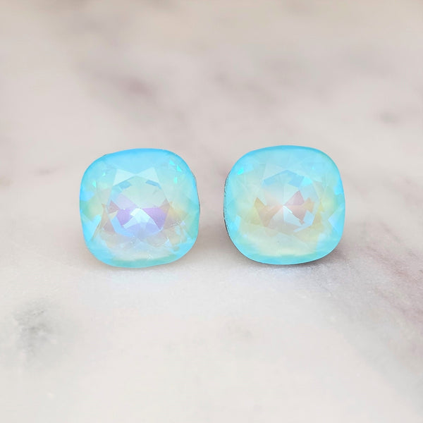 Ultra Lt. Turquoise Cushion Cut Crystal Stud Earrings