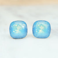 White Opal Sky Blue Cushion Cut Crystal Stud Earrings