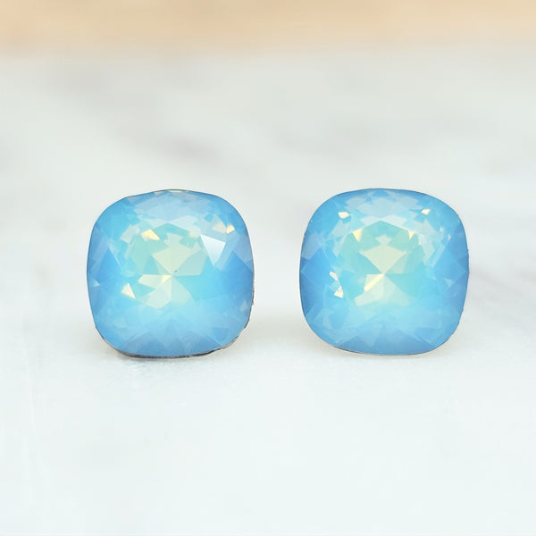 White Opal Sky Blue Cushion Cut Crystal Stud Earrings