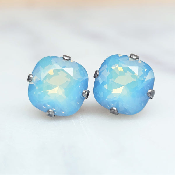 White Opal Sky Blue Cushion Cut Crystal Stud Earrings