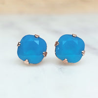 Caribbean Blue Opal Cushion Cut Crystal Stud Earrings