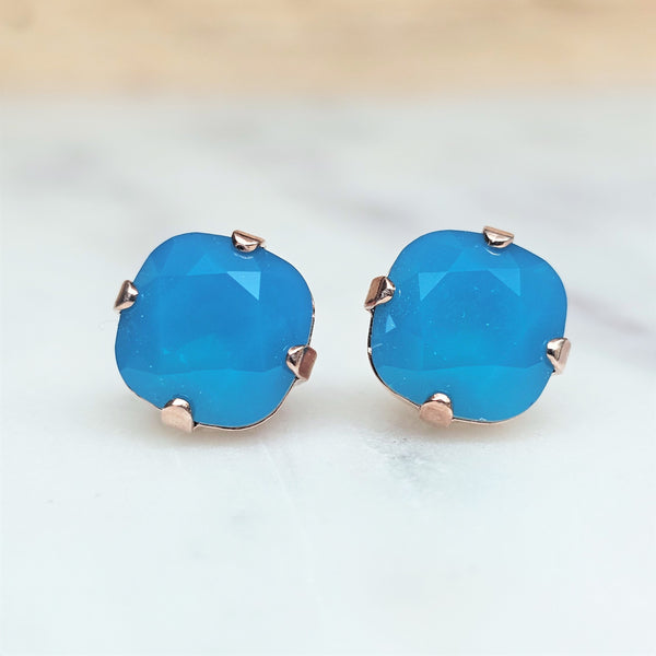 Caribbean Blue Opal Cushion Cut Crystal Stud Earrings