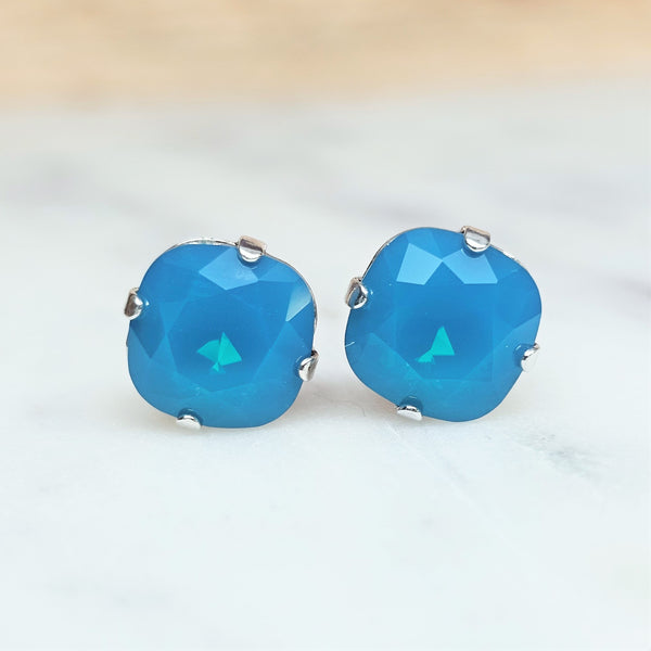 Caribbean Blue Opal Cushion Cut Crystal Stud Earrings