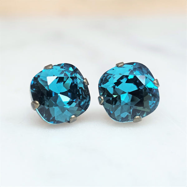 Indicolite Cushion Cut Crystal Stud Earrings