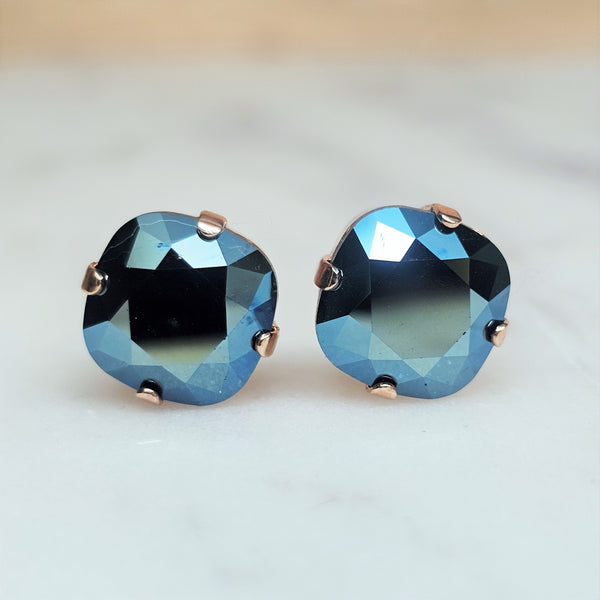 Metallic Blue Cushion Cut Crystal Stud Earrings