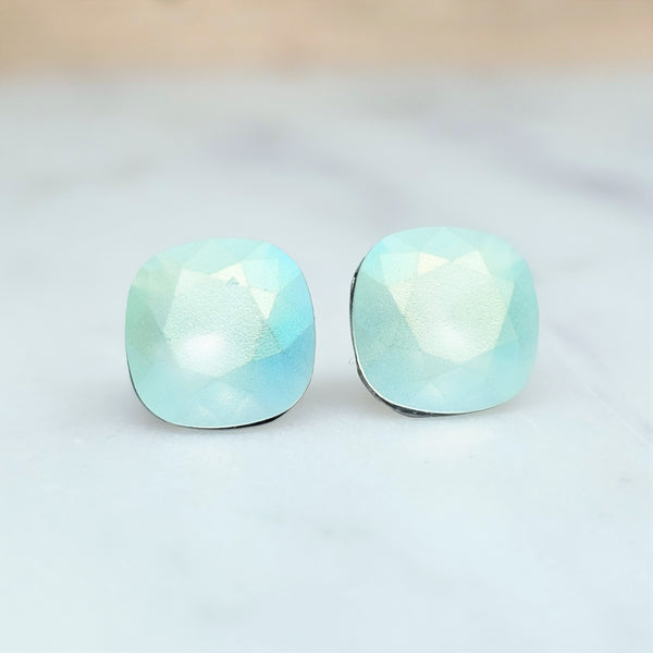 Chrysolite Opal Pastel Cushion Cut Crystal Stud Earrings