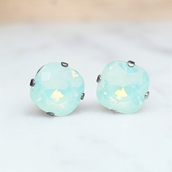 Chrysolite Opal Cushion Cut Crystal Stud Earrings