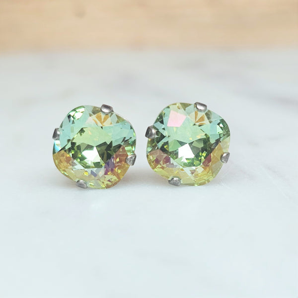 Chrysolite Lemon Cushion Cut Crystal Stud Earrings