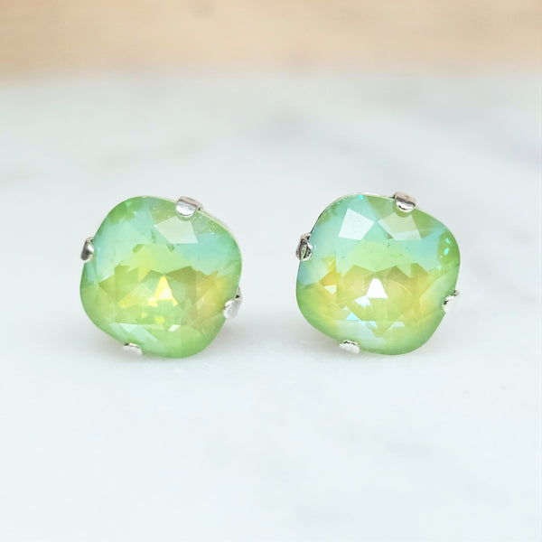 Ultra Lime Cushion Cut Crystal Stud Earrings