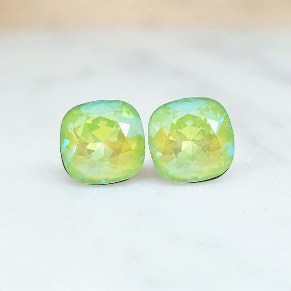 Ultra Lime Cushion Cut Crystal Stud Earrings