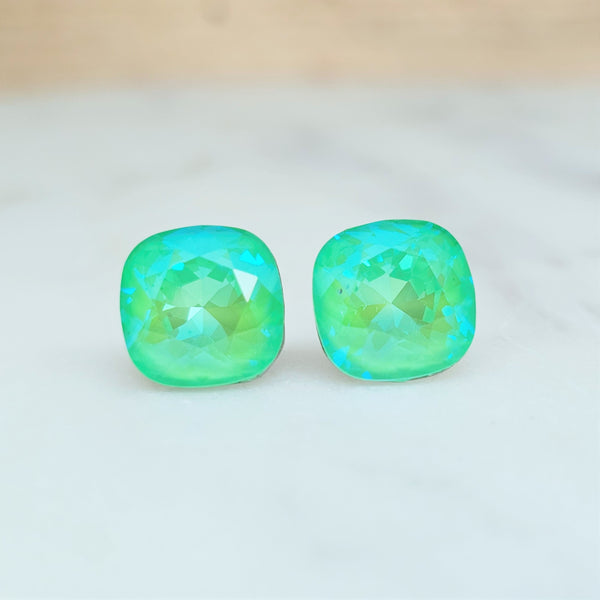 Ultra Green Glo Cushion Cut Crystal Stud Earrings
