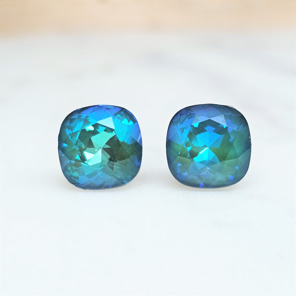 Ultra Emerald Cushion Cut Crystal Stud Earrings