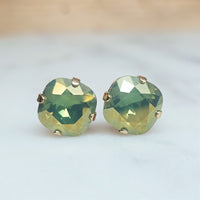 White Opal Verde Cushion Cut Crystal Stud Earrings