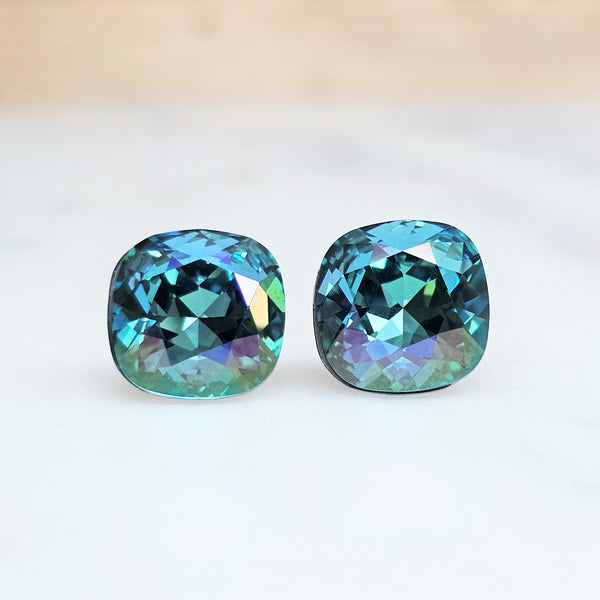 Indicolite Celadon Cushion Cut Crystal Stud Earrings