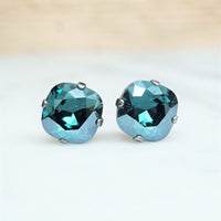 Emerald Champagne Cushion Cut Crystal Stud Earrings