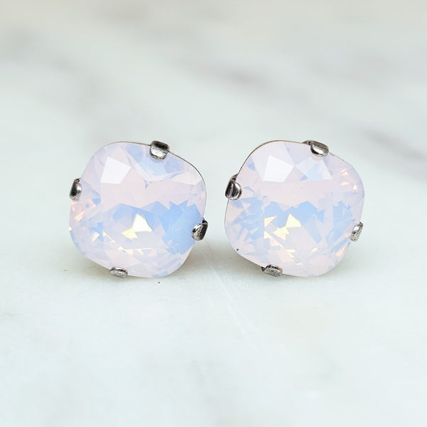Rosewater Opal Cushion Cut Crystal Stud Earrings