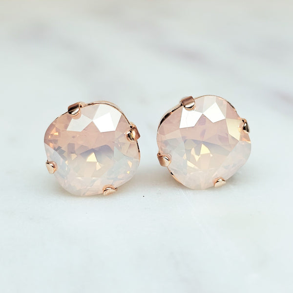 Rosewater Opal Champagne Cushion Cut Crystal Stud Earrings