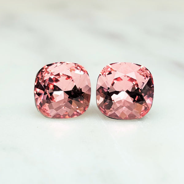 Rose Peach Cushion Cut Crystal Stud Earrings