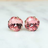 Rose Peach Cushion Cut Crystal Stud Earrings