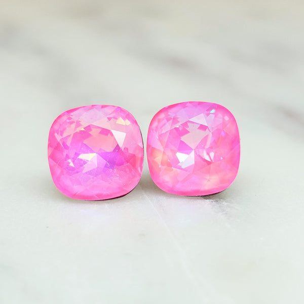 Ultra Pink Cushion Cut Crystal Stud Earrings