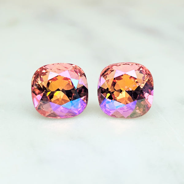 Rose Peach GB Cushion Cut Crystal Stud Earrings