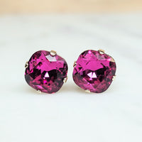 Fuchsia Cushion Cut Crystal Stud Earrings