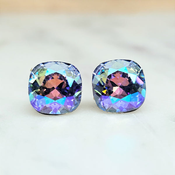 Provence Lavender GB Cushion Cut Crystal Stud Earrings