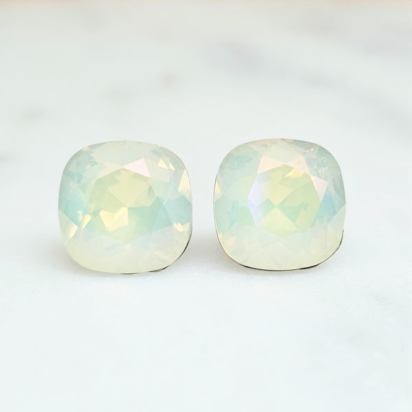 White Opal Lemon Cushion Cut Crystal Stud Earrings