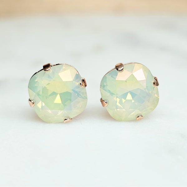 White Opal Lemon Cushion Cut Crystal Stud Earrings