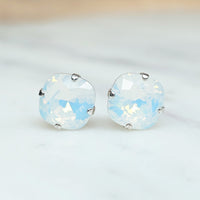 White Opal Cushion Cut Crystal Stud Earrings