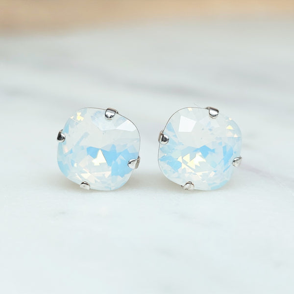 White Opal Cushion Cut Crystal Stud Earrings