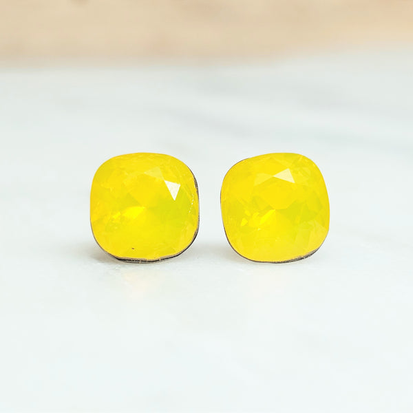 Yellow Opal Cushion Cut Crystal Stud Earrings