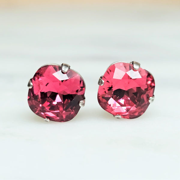 Indian Pink Cushion Cut Crystal Stud Earrings